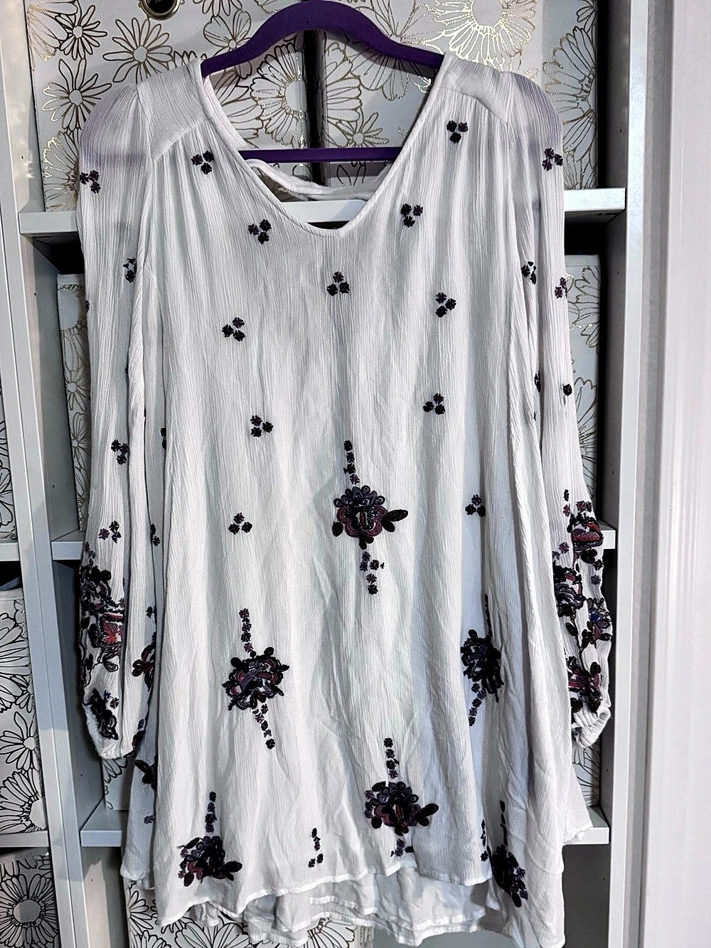 Free People Embroidered Tunic Dress Floral Top White & Purple Small